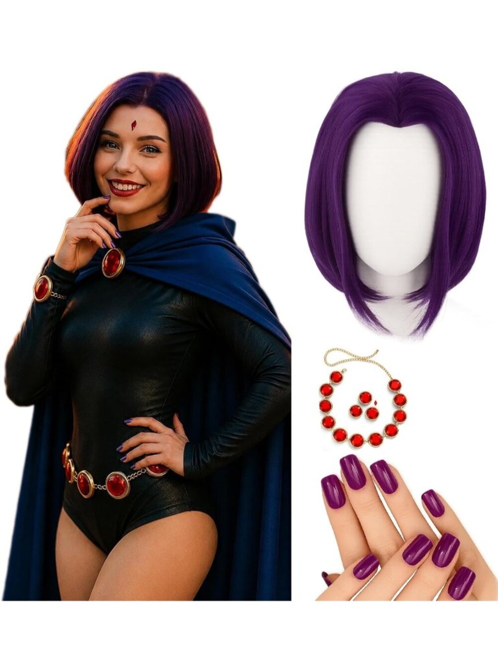 Women's Purple Short Cosplay Convenient Set Include Adjustable Wig Cap Headpiece
